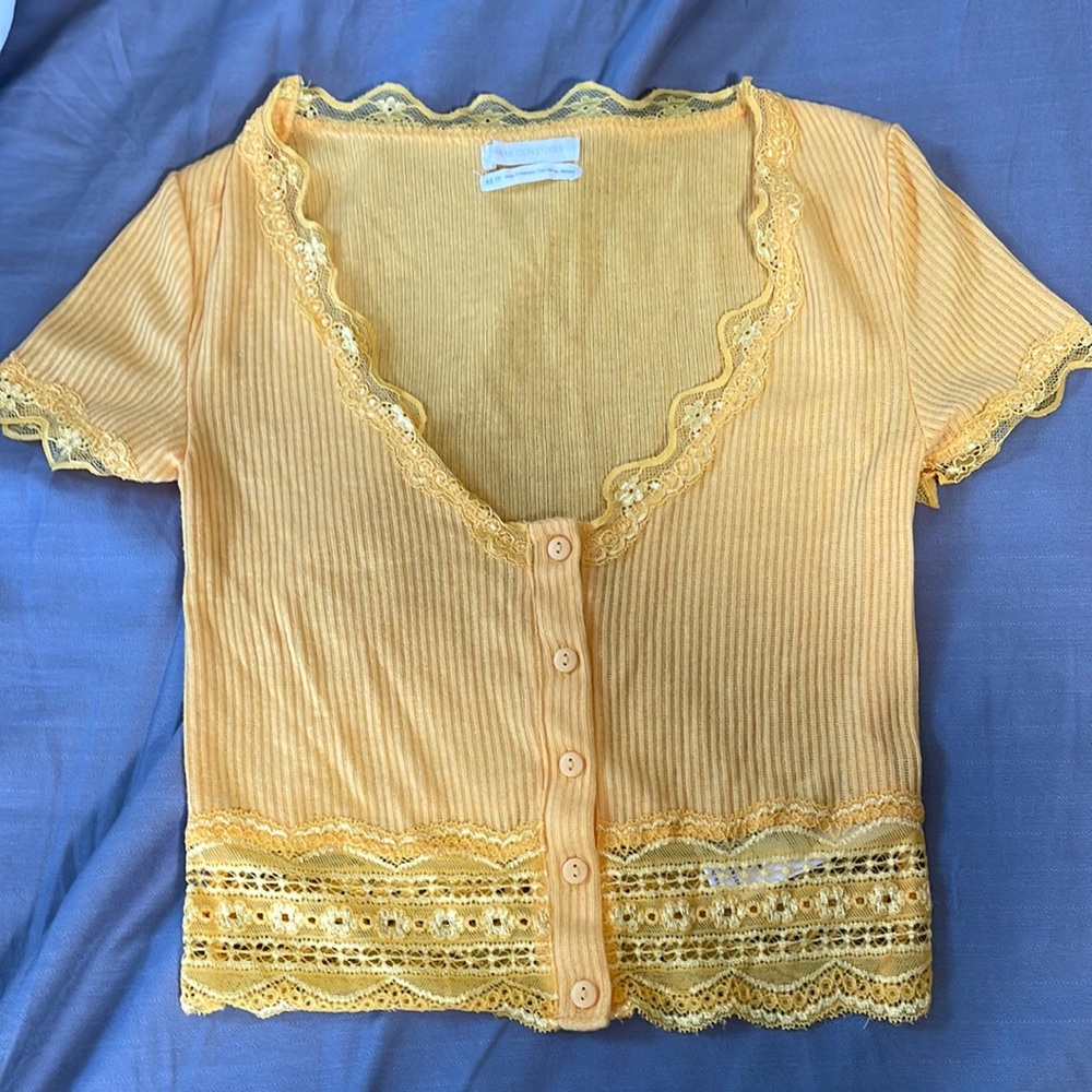 Urban Outfitters short sleeve yellow button down crop top with lace trim
